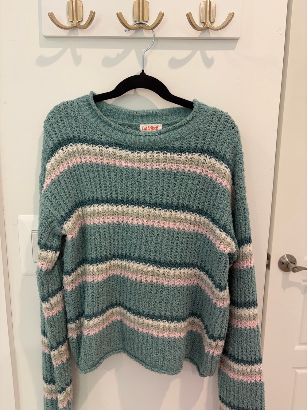 Cat & Jack Teal Green Waffle Knit Stripe Sweater with Cream & Pink Accents
